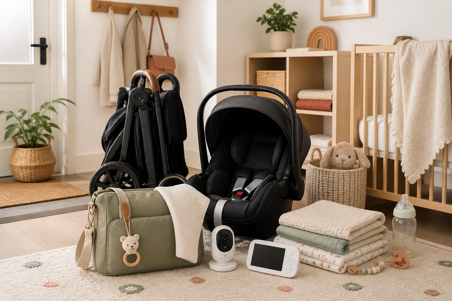 Compras grandes de bebé preparadas en una habitación luminosa