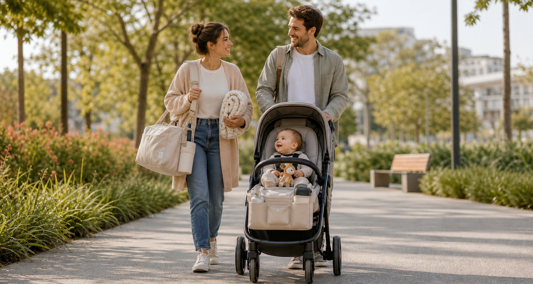 Padres paseando con su bebé en carrito y accesorios de paseo