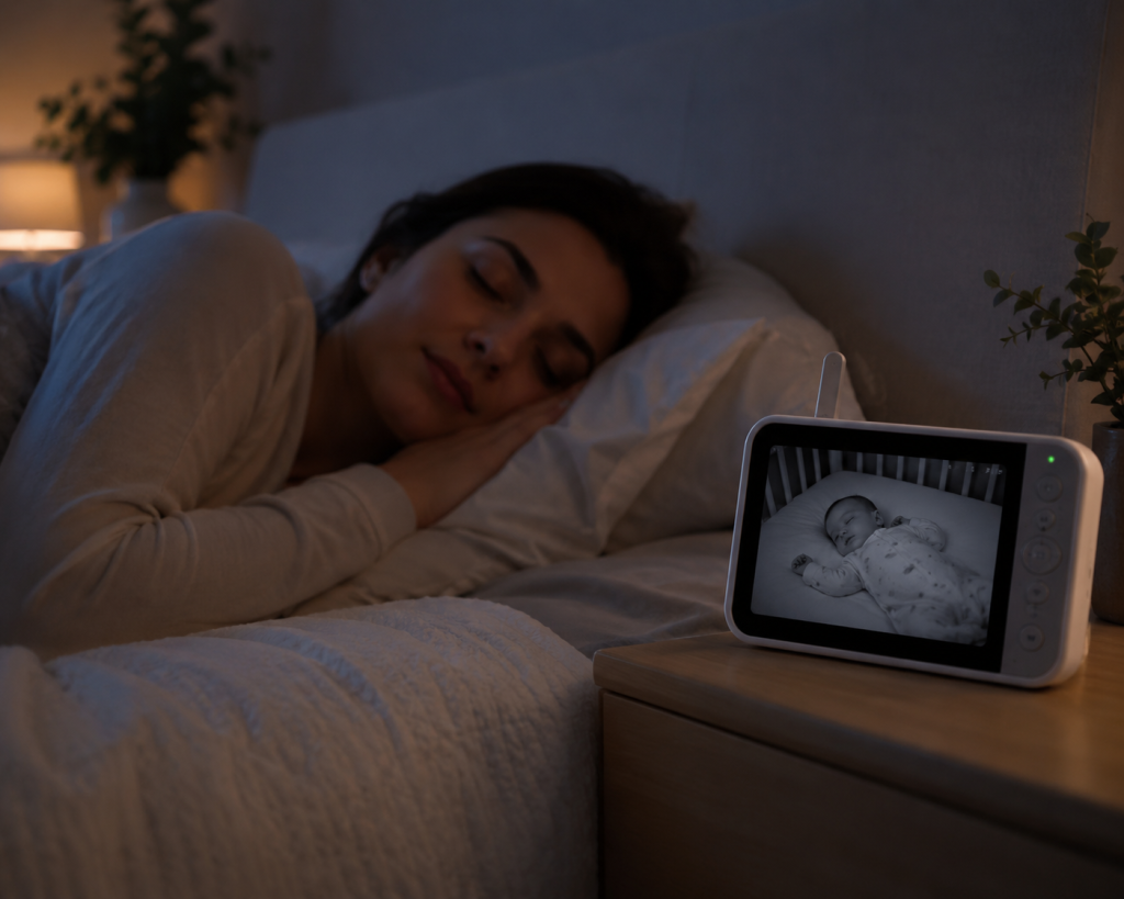 Madre durmiendo tranquila con vigilabebés en la mesita de noche mostrando al bebé dormido