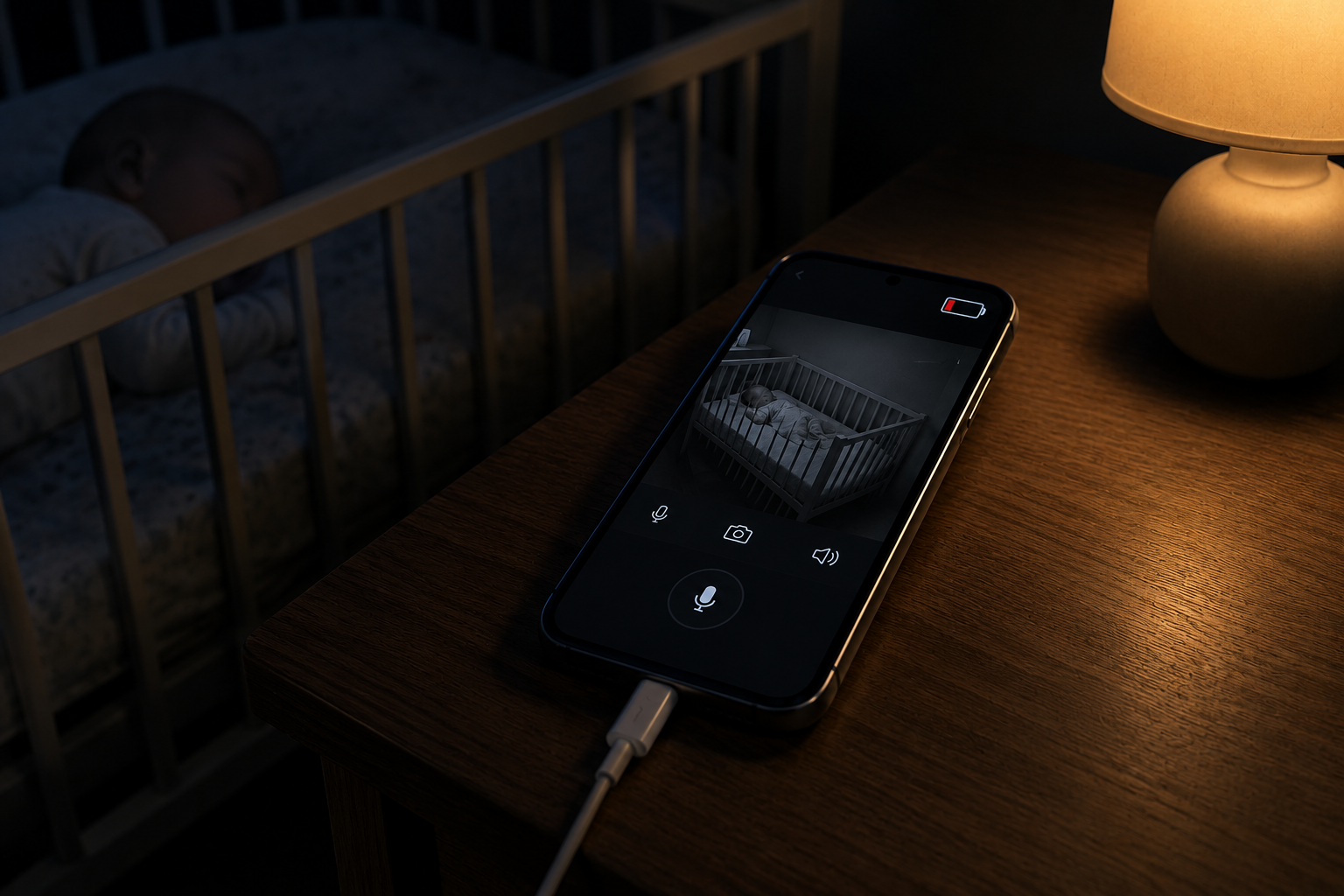 Móvil con app de vigilabebés y batería baja sobre mesita junto a una cuna por la noche